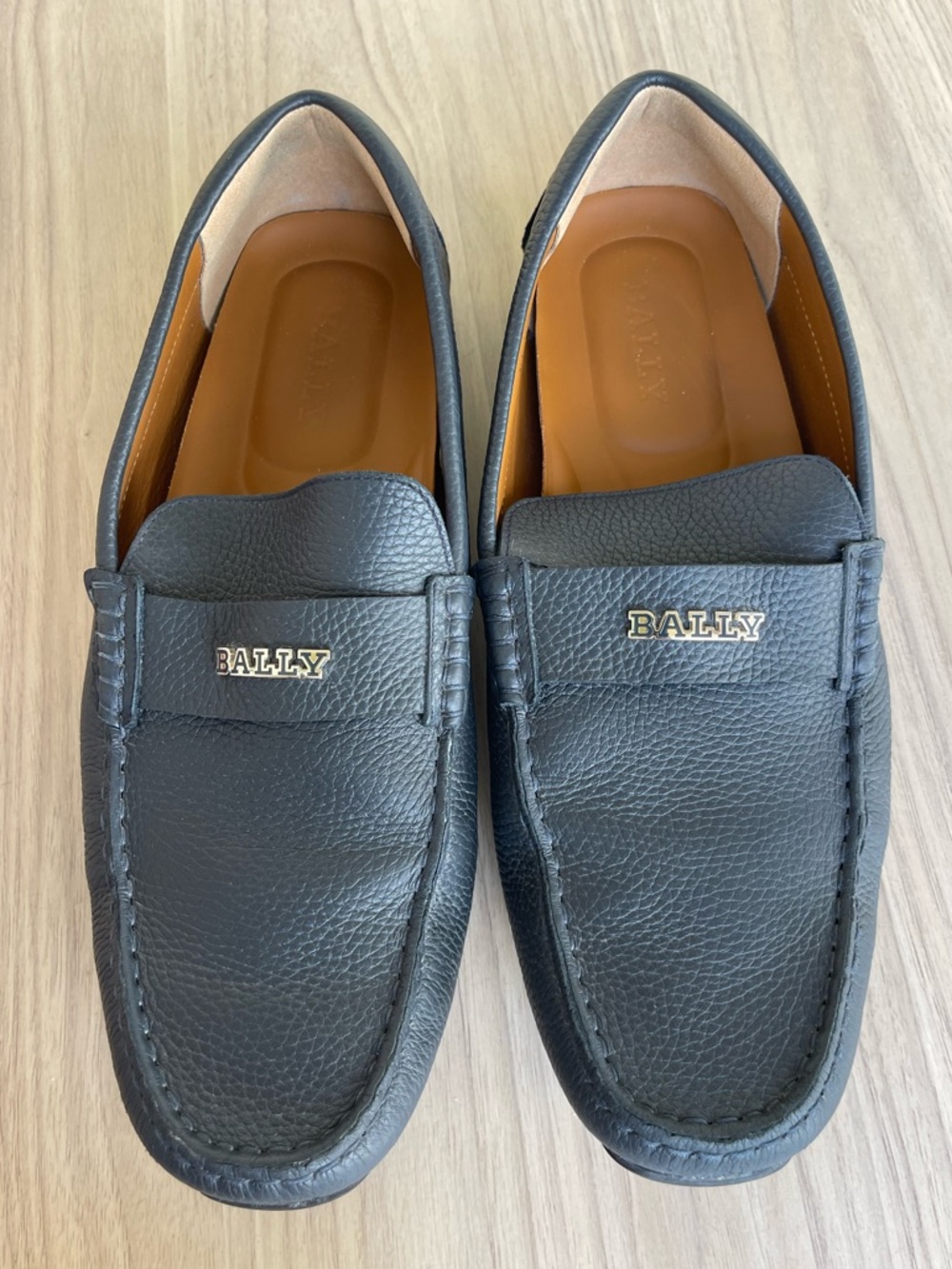 Bally Blue Pebbled Leather Slip-On Loafers with Gold Logo Plaque
